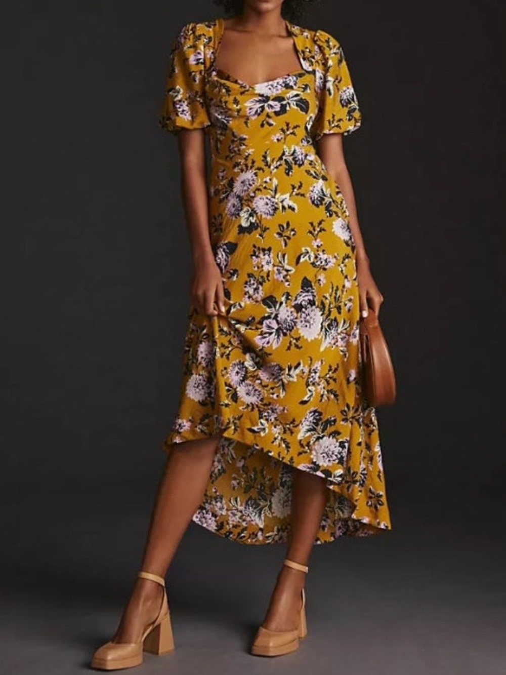 Anthropologie Maeve Mustard Floral High-Low Dress with Puff Sleeves